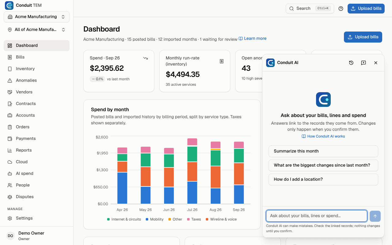 The Conduit AI panel open beside the dashboard, with suggested questions about this month's bills and spend.