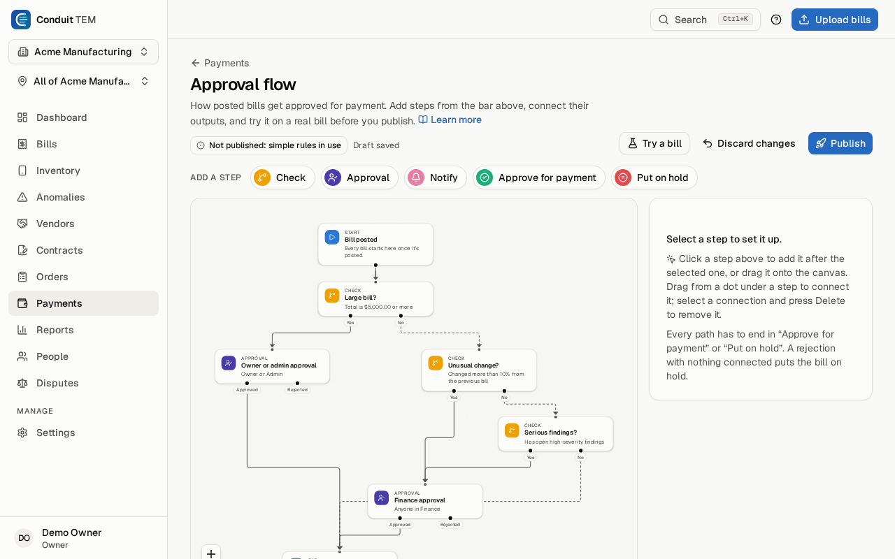 The approval flow builder: checks on the bill's total and findings route it to the right approvers.