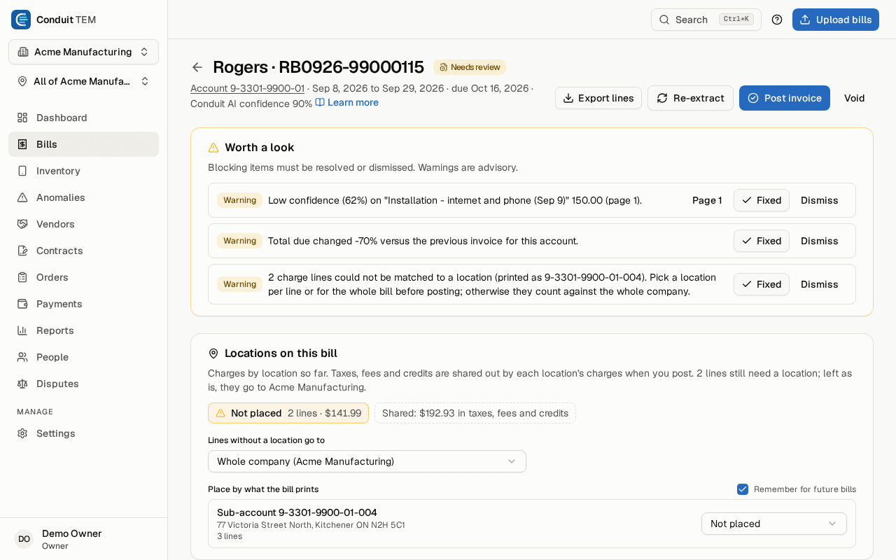 Reviewing a Rogers bill read by Conduit AI, with warnings to check and charges placed by location before posting.