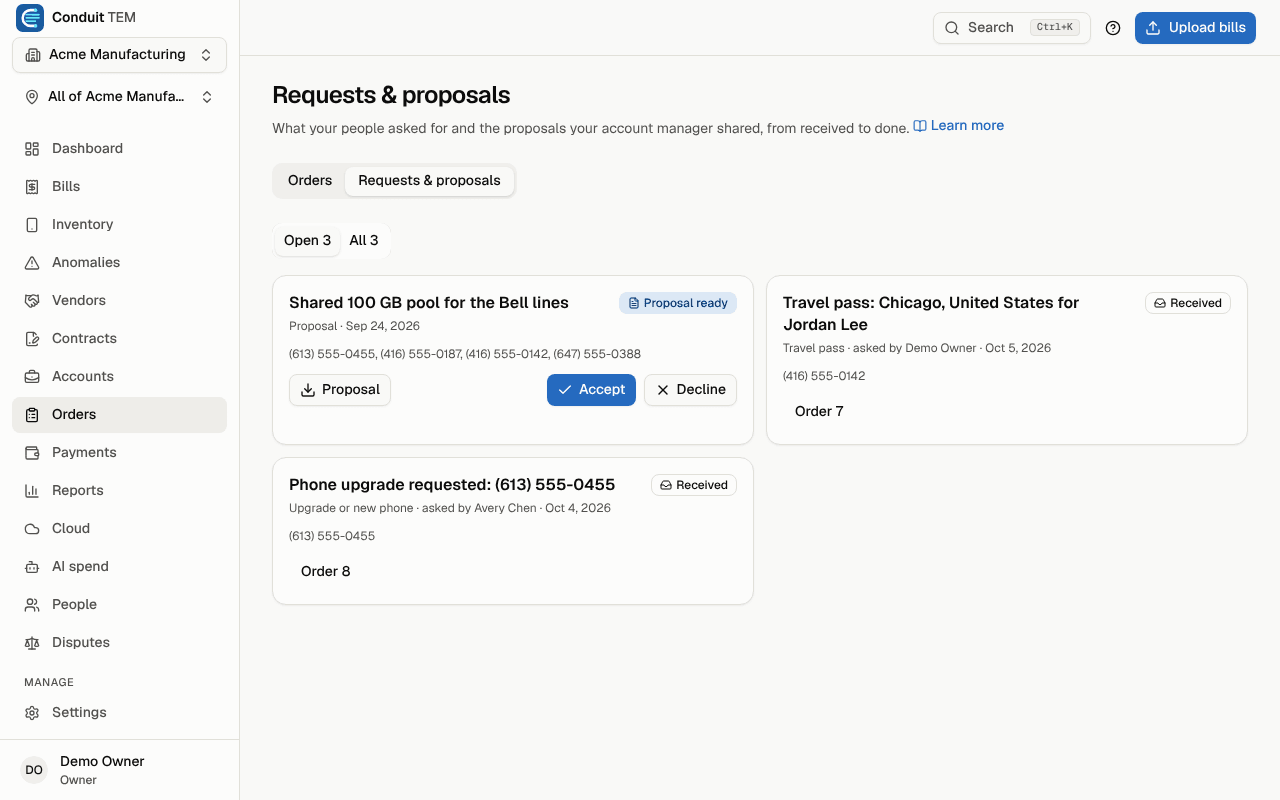 Requests and proposals: a shared proposal ready to accept or decline, a travel pass and a phone upgrade request, each with its status.